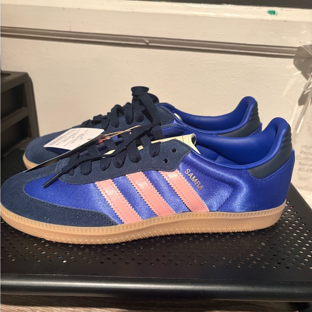 adidas Royal Blue Sneakers with Pink Stripes with gum bottom- samba OG - Picture 2 of 5